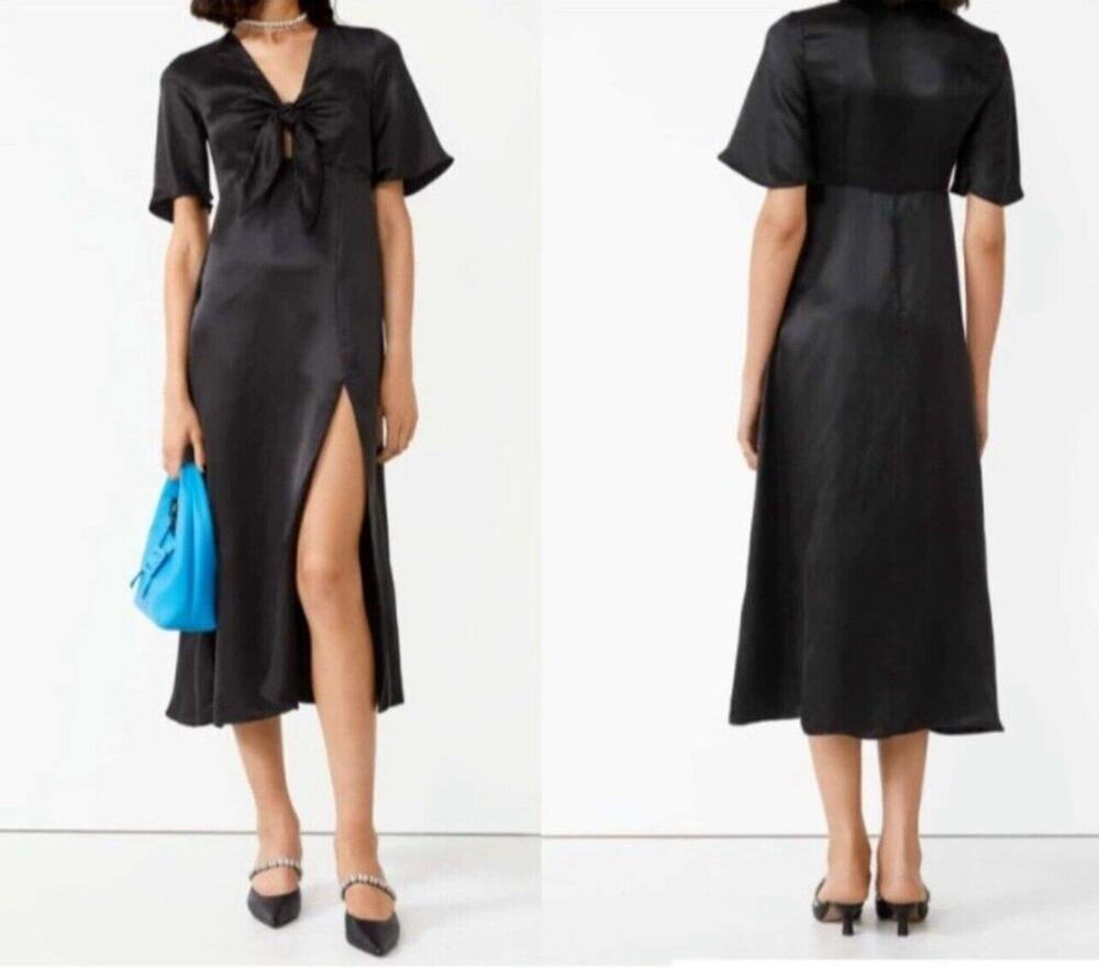 & Other Stories Black Silk Blend Satin Tie Front Midi Dress Sz 2 Flutter Sleeve